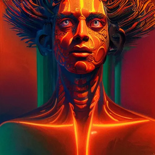 Prompt: olympian god starring into the camera, fixed eyes, flowing black coat with glowing neon orange trim, inside a museum, colorful, surreal, dramatic lighting, face, detailed, intricate, elegant, highly detailed, digital painting, artstation, chalk, concept art, smooth, sharp focus, illustration, art by sam spratt, dan mumford, artem demura and alphonse mucha