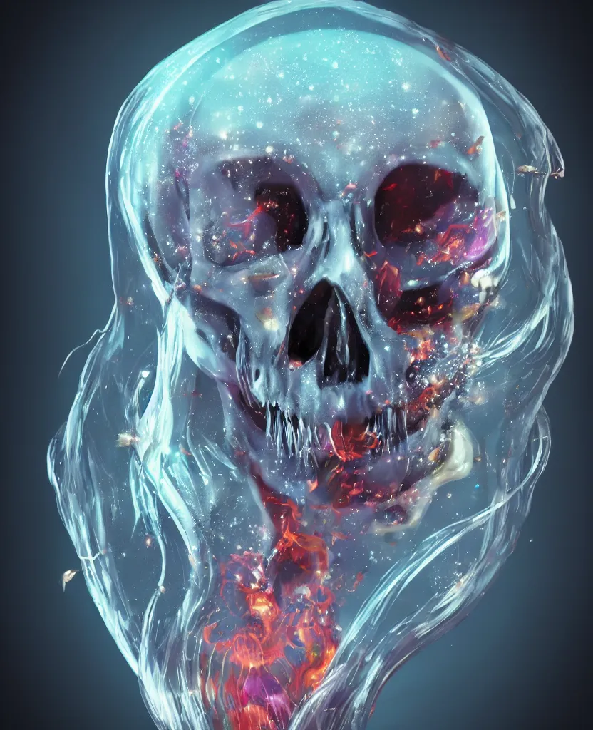 Image similar to close-up macro portrait of the face of a beautiful princess rotten skull in a spaceman suit, epic angle and pose, symmetrical artwork, 3d with depth of field, blurred background, cybernetic jellyfish female face skull phoenix bird, translucent, nautilus, energy flows of water and fire. a highly detailed epic cinematic concept art CG render. made in Maya, Blender and Photoshop, octane render, excellent composition, cinematic dystopian brutalist atmosphere, dynamic dramatic cinematic lighting, aesthetic, very inspirational, arthouse. y Greg Rutkowski, Ilya Kuvshinov, WLOP, Stanley Artgerm Lau, Ruan Jia and Fenghua Zhong