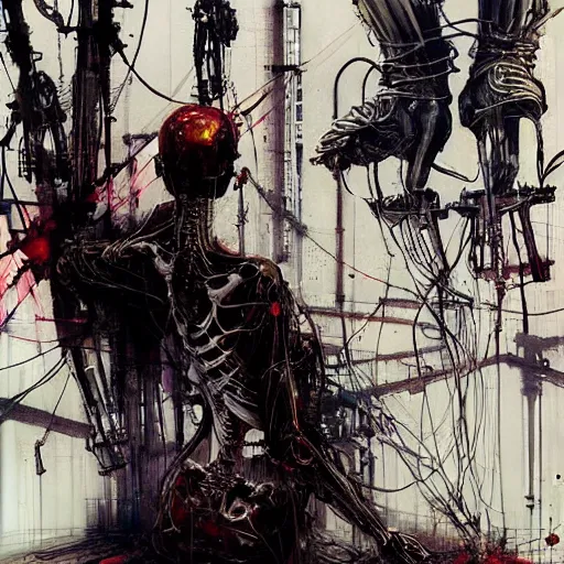 Prompt: a skeletal cyberpunk assassin wires cybernetic implants, abandoned steelworks, grime and grunge, in the style of adrian ghenie, esao andrews, jenny saville,, surrealism, dark art by james jean, takato yamamoto