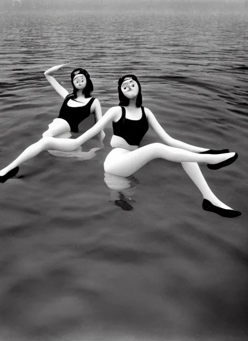 Prompt: realistic photo of a group of common girls in white tights, spherical black helmets, in a big pool filled with black mercury oil water, the sky is grey 2 0 0 0, life magazine photo,