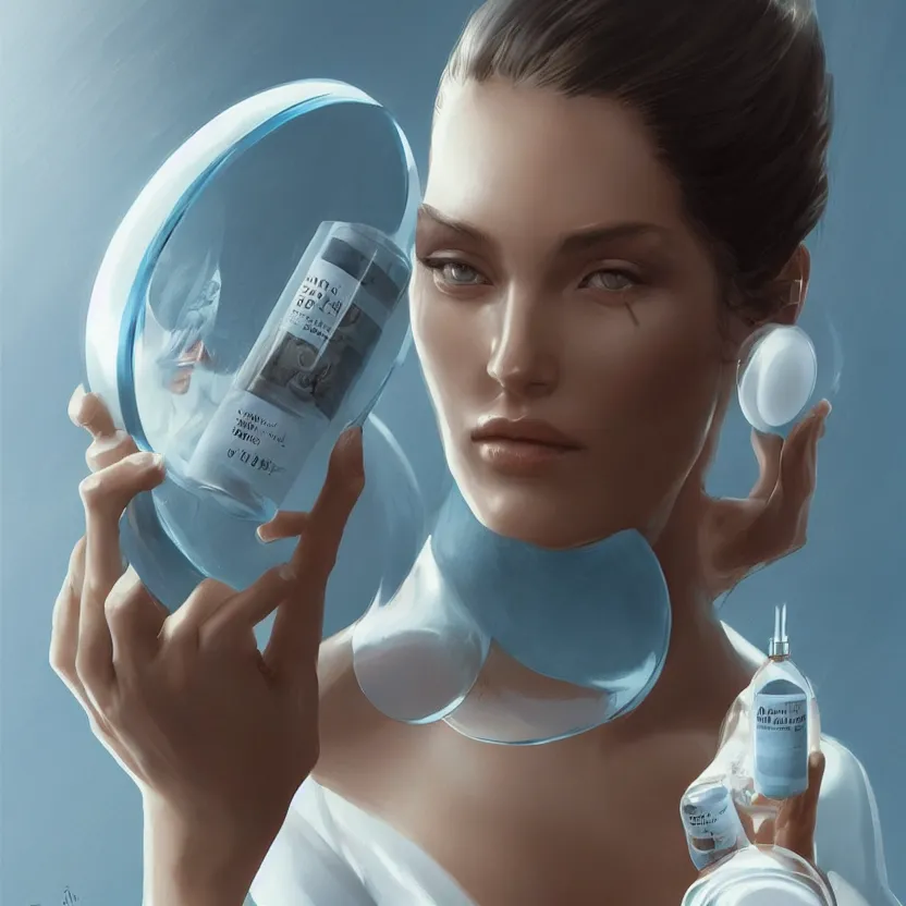 Image similar to concept art of luxury very modern dietary supplement with white liquid in a round transparent bottle with big black sticker on it, by aenaluck, artgerm and roberto ferri and greg rutkowski, light blue and white tones, digital painting, artstation, concept art, smooth, sharp foccus ilustration hq