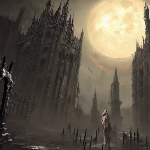 Prompt: bloodborne concept art, 4 k, painterly, large moon