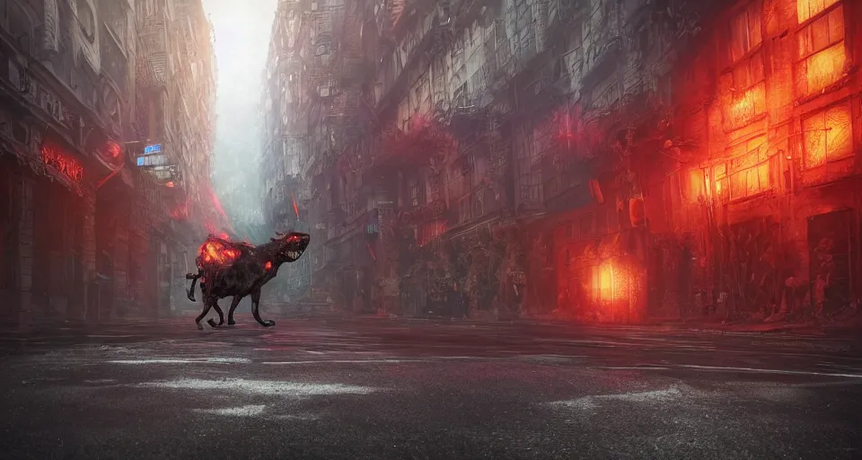 Image similar to Close-up Photograph of a lovecraftian demon hound exiting out of an interdimensional portal to hell, in the middle of a busy city street, by Andreas Rocha and John Howe, wide long view, f/11 aperture, unreal engine, deviant art, flickr, artstation, octane render, textured, colorful, hyperrealistic, physically based rendering, pbr render, very detailed, volumetric lighting, octane render, 4k, cinematic, 8k resolution,