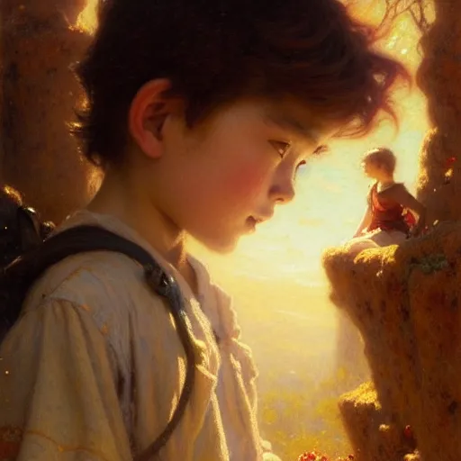 Image similar to a gaston bussiere's film still portrait of child hiker finding a city inside a cava, finely detailed features, closeup at the faces, sun, water, perfect art, gapmoe yandere grimdark, trending on pixiv fanbox, painted by greg rutkowski makoto shinkai takashi takeuchi studio ghibli, gaston bussiere