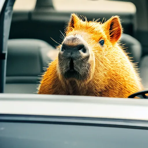 Image similar to photo of a capybara driving a car, DSLR 35mm, photography