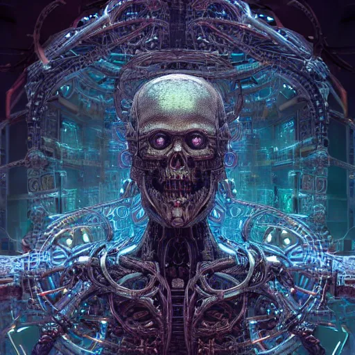 Image similar to cybernetic deity with circuitry structure skull and networked mind tripping on acid, intricate detail, lovecraft, royo, whealan, giger, klimt, hd, octane render, unreal engine,