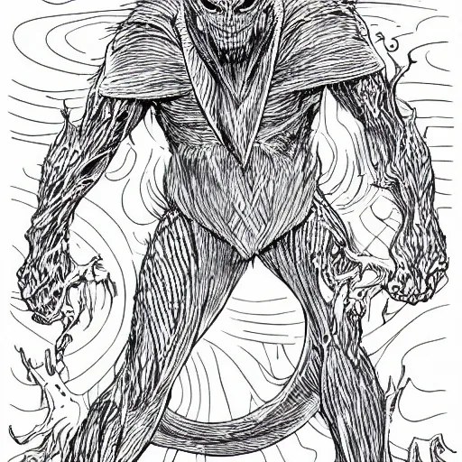 Image similar to clean simple line art of a terrifying monster from folklore. no background. well composed, clean coloring book page, beautiful detailed art. coloring book line art by steve ditko and jack kirby and greg rutkowski