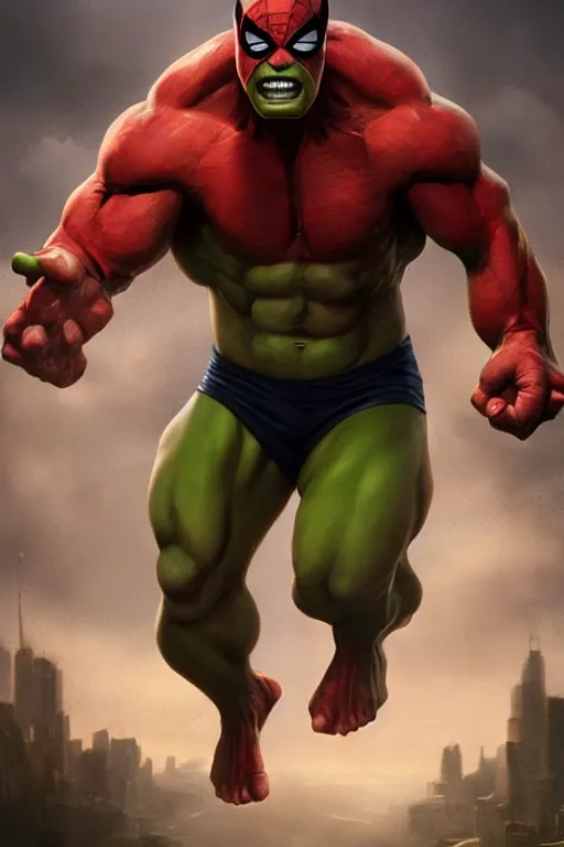 Image similar to characters portrait of Hulk mixed with Spiderman by ArtGerm and Tom Bagshaw, merged character, Full body shot, cinematic opening shot, 4k, highly detailed, cinematic lighting