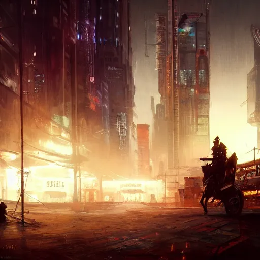 Image similar to cyberpunk wild west, dramatic lighting, city background, chiaroscuro, high detail, painted by greg rutkowski, painted by igor kieryluk, painted by bobby chiu, trending on artstation