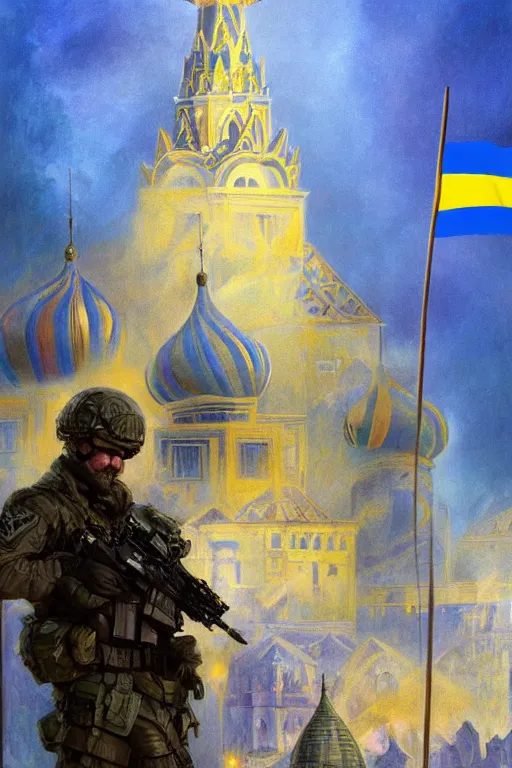 Prompt: special forces soldier raising ukrainian blue and yellow flag on st. basil cathedral, masculine figure, d & d, fantasy, bright atmosphere, volumetric lights, intricate, elegant, extremely detailed, digital painting, artstation, concept art, matte, smooth, sharp focus, hyper realistic, illustration, art by artgerm and greg rutkowski and alphonse mucha