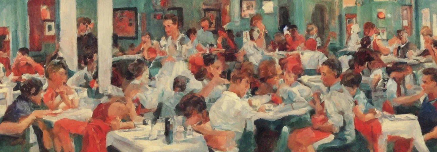 Prompt: baby frogs, drinking milkshakes, diner, 5 0 s painting, award winning art, andrew loomis