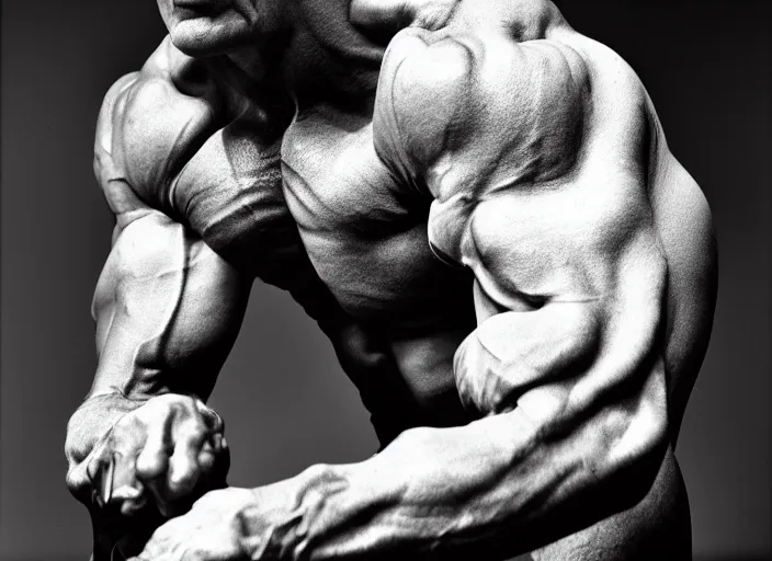 Image similar to a jeff koonz sculpture of a bodybuilder, closeup photo. shot by platon using a leica with flash, kodak gold 3 5 mm film