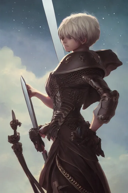 Image similar to a small paladin holding a starknife, character art portrait, anime key visual, official media, illustrated by tom bagshaw, wlop, kentaro miura, extremely detailed, 8 k, trending on artstation, cinematic lighting, beautiful