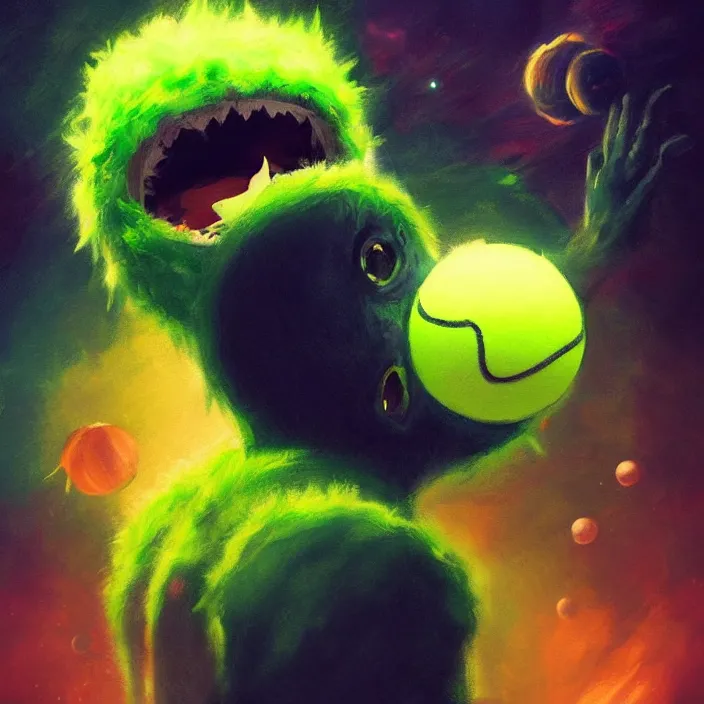 Image similar to cinematic portrait of a cute tennis ball monster in the abyss of space, chalk, masterpiece, trending on artstation, featured on pixiv, cinematic composition, dramatic pose, beautiful lighting, sharp details, hyper-detailed, HD, HDR, 4K, 8K, art by Basil Gogos