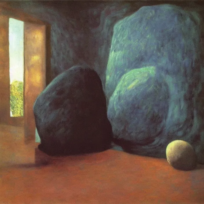 Prompt: the giant boulder, dark obsidian rock of ages filling up the interior of home. high contrast, psichedelic colors. painting by monet, hammershoi, agnes pelton, mark rothko