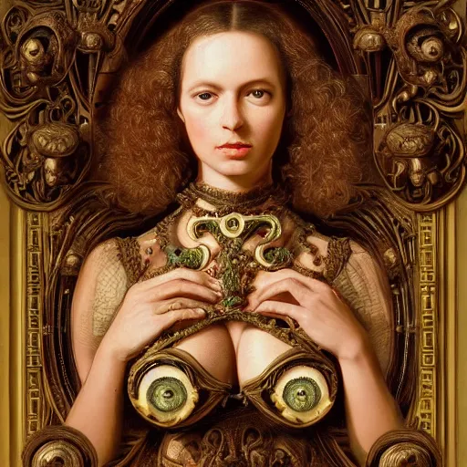 Image similar to renaissance oil painting, very beautiful woman integrating with technology, full face frontal centered, portrait, insipiring, detailed intricate ornate cables connected to head, big open electric eyes, luxurious detailed abundent wiring and implants, diamonds, sci-fi, neon, emeralds, detailed technology full background, highly detailed, artstation, Rene Lalique and Eddie Mendoza and Gil Elvgren