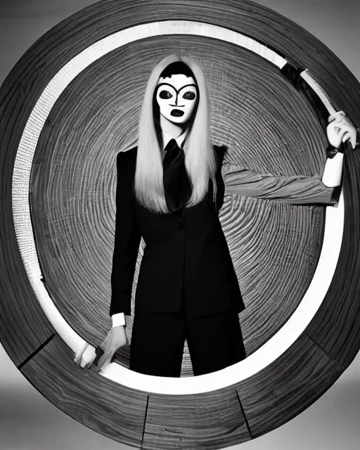 Prompt: portrait shot of a young woman with long hair and wearing a tight business suit and pumps, standing proudly on a round concentric rug in a large empty glass and wood conference room, avant-garde business casual look, straight long hair, and a full face pop art skull mask, high fashion photography by Steven Meisel for Vogue Italia