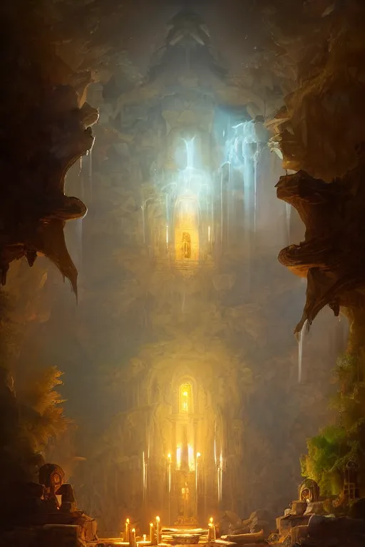 Image similar to Detailed Interior of Monastery Ruins, Waterfall walls, light of god, light shafts, candles, stunning atmosphere, in Style of Peter Mohrbacher, cinematic lighting, masterpiece