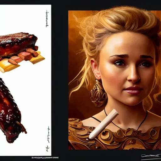 Prompt: Hayden Panettiere Eating BBQ Ribs, dripping BBQ Sauce, D&D, fantasy, intricate, elegant, highly detailed, digital painting, artstation, concept art, matte, sharp focus, illustration, hearthstone, art by Artgerm and Greg Rutkowski and Alphonse Mucha