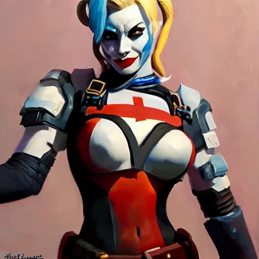 Image similar to greg manchess portrait painting of armored harley quinn as overwatch character, medium shot, asymmetrical, profile picture, organic painting, sunny day, matte painting, bold shapes, hard edges, street art, trending on artstation, by huang guangjian and gil elvgren and sachin teng