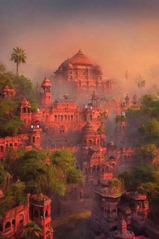 Image similar to old indian city with a breathtaking view of a magnificent maharajah palace at pink dawn, intricate, elegant, volumetric lighting, digital painting, highly detailed, artstation, sharp focus, illustration, concept art, ruan jia, steve mccurry