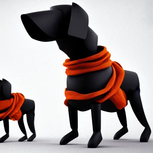 Image similar to robotic dog wearing a large scarf around its neck. 3 d render, oktane, post - processing, 8 k, cinematic lighting