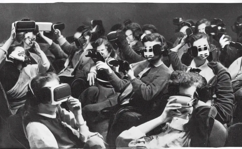 Image similar to 1 9 0 0 s photo of people using iphones ipods virtual reality headsets vr in a movie theater masterpiece