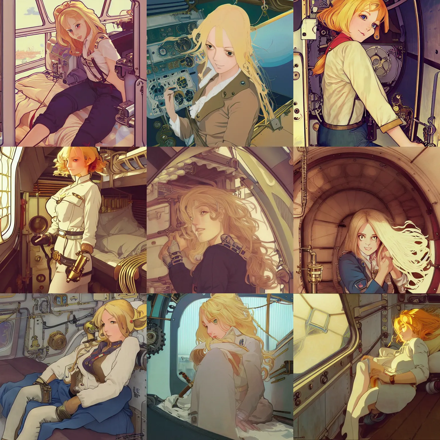 Prompt: Portrait of a blonde female airship mechanic waking up in her cramped bunk, steampunk, defined facial features, highly detailed, artstation, official artbook, official Kyoto Animation and Studio Ghibli anime screenshot, by Ilya Kuvshinov and Alphonse Mucha