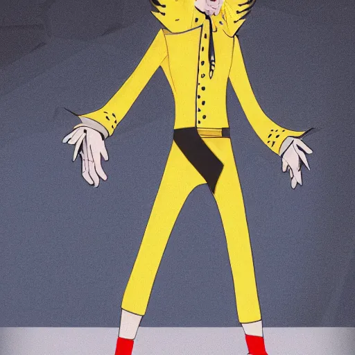 Prompt: a white tall man with spiked yellow hair using a long, crimson trenchcoat with a high collar, assorted straps, and black buttons, it has slits on both sides from the waist down, which allow for ease in running, jumping, and climbing