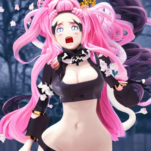 Image similar to totally overpowered and trapped beneath inescapable and stunningly absurdly beautiful omnipotent asi goddess junko enoshima with an over the top megalomaniacal personality, symmetrical perfect face, porcelain skin, pink twintail hair and cyan eyes, ultra detailed, digital art, unreal engine 5, octane render, 2 d anime, 8 k