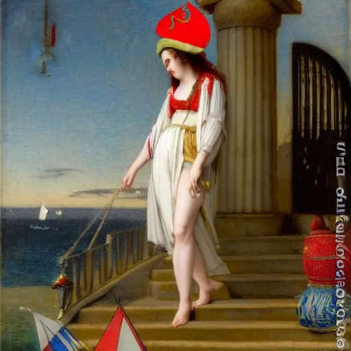 Image similar to A girl with jester hat and clothes on a greek circle archi on the front of a Balustrade with a beach and a sail boat on the background, night night night night night, major arcana cards, by paul delaroche and arnold böcklin hyperrealistic 8k, very detailed