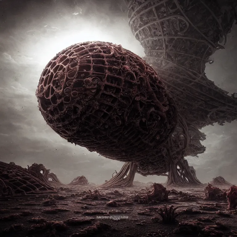 Prompt: ribbed abandoned biomechanical organic crashed spaceship on exoplanet in a desolate empty wasteland, covered with organic flesh, meat, creepy, nightmare, dream-like heavy atmosphere, surreal abandoned buildings, baroque painting, beautiful detailed intricate insanely detailed octane render trending on Artstation, 8K artistic photography, photorealistic, chiaroscuro, cinematic volumetric light, Raphael, Caravaggio, Beksinski, Giger