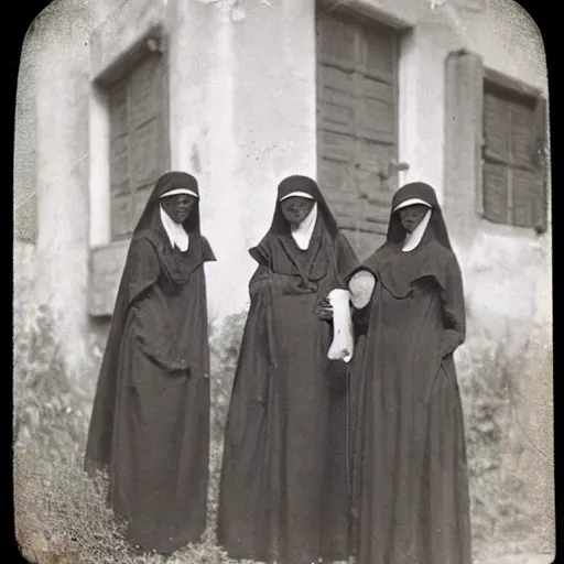 Prompt: strange nuns, rural town, tuscany, photo taken on an old box camera, color photo, film grain, 1920s, Daguerreotype, old photo, detailed, grotesque