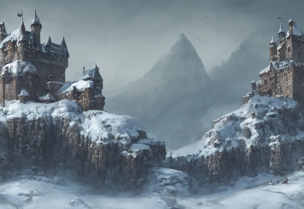 Image similar to a painting of a castle in the middle of a snowy mountain, a detailed matte painting by andreas rocha and greg rutkowski, featured on artstation, fantasy art, matte drawing, matte painting, artstation hq