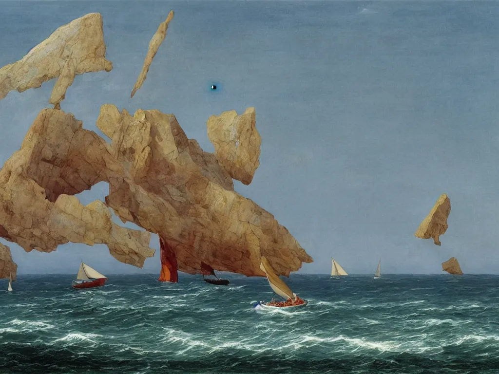 Prompt: A surprise sailing boat on the sea with the Esterel in background. Painting by Caspar David Friedrich, Roger Dean, Walton Ford