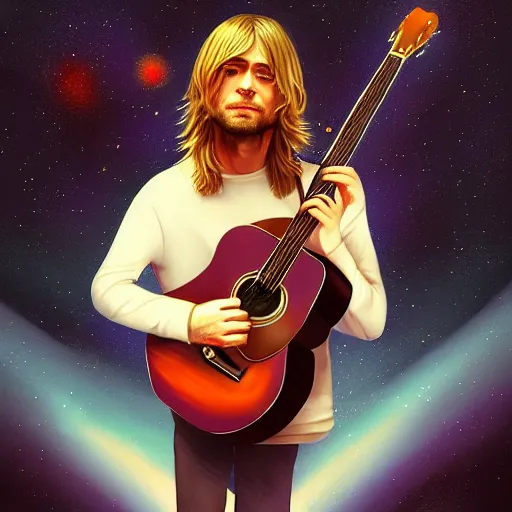 Prompt: portrait of a wholesome animation key shot of kurt cobain playing an acoustic guitar while floating in space, highly detailed, digital painting, artstation, concept art, smooth, sharp focus, dramatic light, studio light, by rembrandt