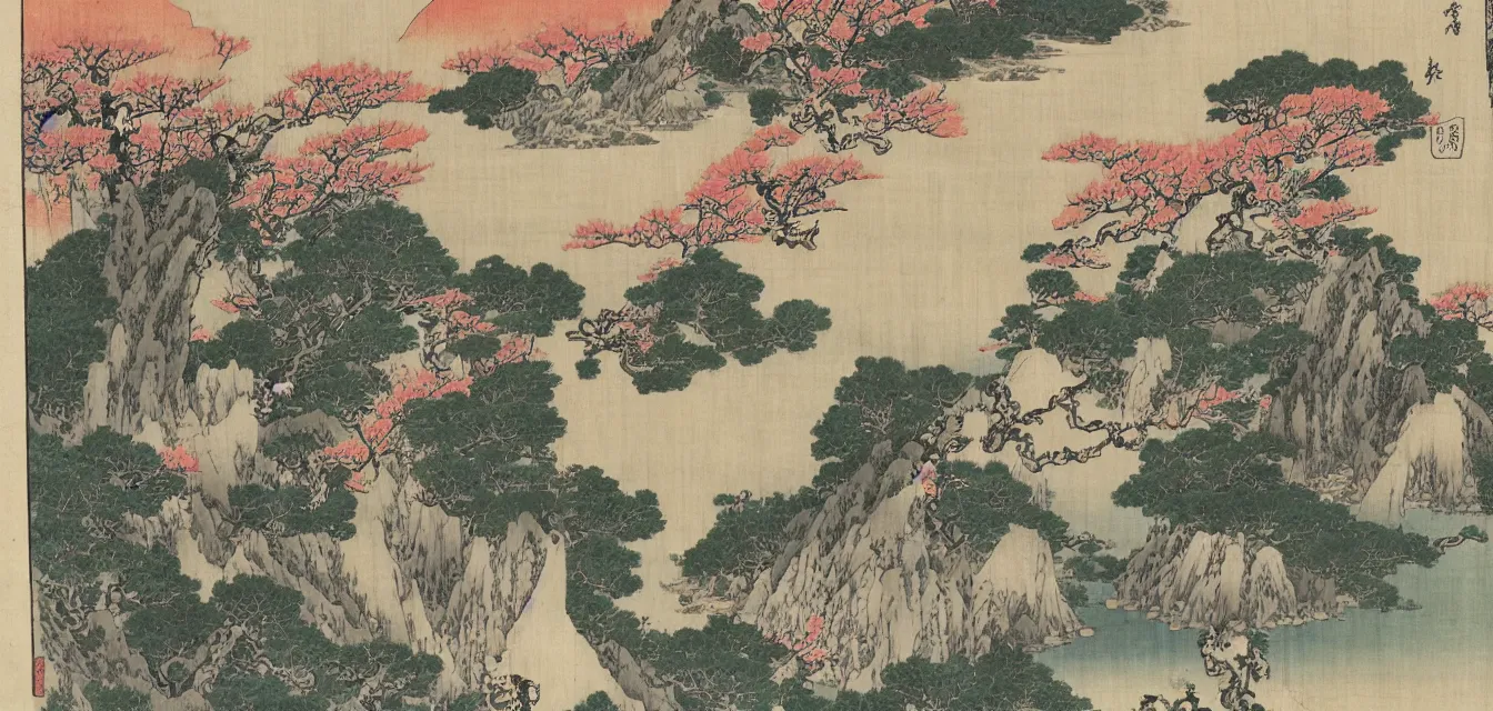 Image similar to sakuras, taoist monks and temples in huangshan, artwork by katsushika hokusai and utagawa hiroshige on old parchment