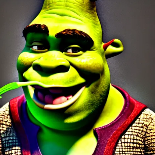 Image similar to a stock photo of shrek eating an onion, 8 k, ultra - realistic, white background, face cluse - up