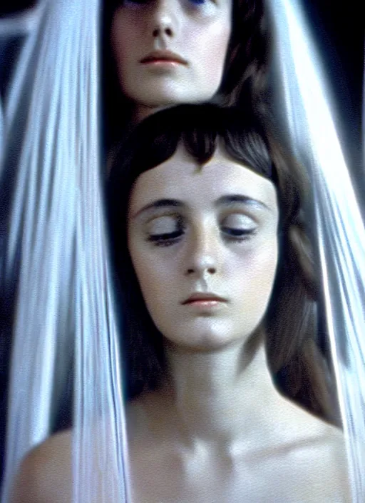 Image similar to 1971 film still from an Italian drama film of a young French actress as the goddess of razor blades. ultra detailed painting at 16K resolution and amazingly epic visuals. epically beautiful image. amazing effect, image looks gorgeously crisp as far as it's visual fidelity goes, absolutely outstanding. vivid clarity. ultra. iridescent. mind-breaking. mega-beautiful pencil shadowing. beautiful face. Ultra High Definition. godly shading. amazingly crisp sharpness. photorealistic film cel processed twice..