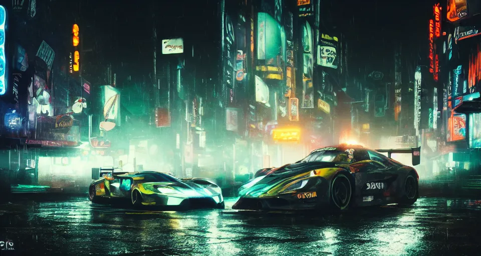 Image similar to close up macro shot of a racing car on wet city street at night, intricate, hyper detailed, smooth, high contrast, neon, volumetric lighting, octane, moebius, greg rutkowski, blade runner, ripley scott, cindmatic