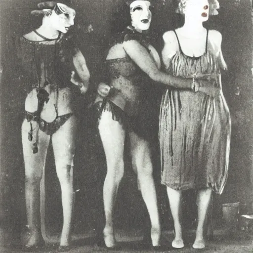 Prompt: 1930s photograph of freak show, sepia, grainy photo