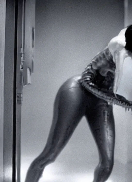 Image similar to cinematic film still of kim kardashian pushed against a wall by an xenomorph in Alien.