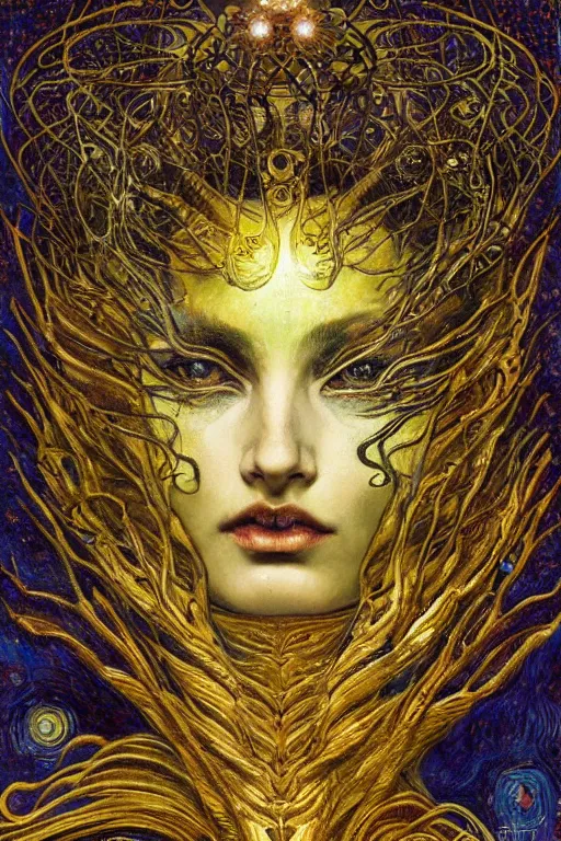 Prompt: Intermittent Chance of Chaos Muse by Karol Bak, Jean Deville, Gustav Klimt, and Vincent Van Gogh, enigma, destiny, fate, inspiration, muse, otherworldly, fractal structures, arcane, ornate gilded medieval icon, third eye, spirals