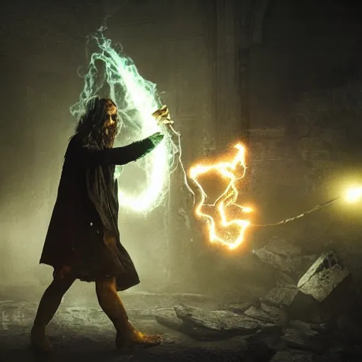Prompt: dark wizard casting spell, alchemist lab, hyperrealistic, cinematic atmosphere, high definition, epic