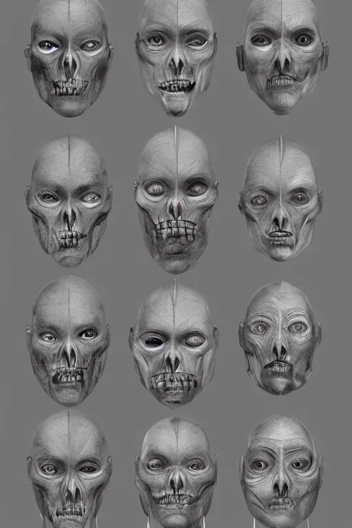 Image similar to facial anatomy with gunmetal grey skin, medical anatomy, very symmetrical face, highly detailed, three - perspective / three - view reference sheet ( front / back / side ), in the style of dan ouellette, steven jung, amanda lilleston, hr giger, sil from species, dren from splice, mecha, artstation, unreal engine