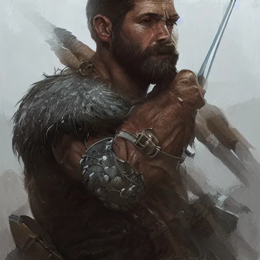 Image similar to portrait of a rugged ranger, muscular, upper body, hairy torso, D&D, fantasy, intricate, elegant, highly detailed, digital painting, artstation, concept art, smooth, sharp focus, illustration, art by greg rutkowski