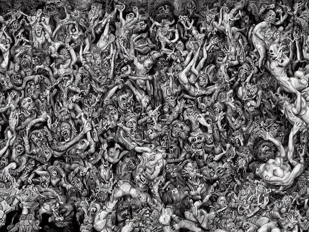 Image similar to digital painting rave party in hell by Chor Boogie, intricate details, ultra detailed, 4K, award-winning, touch of M. C. Escher and Salvador Dali