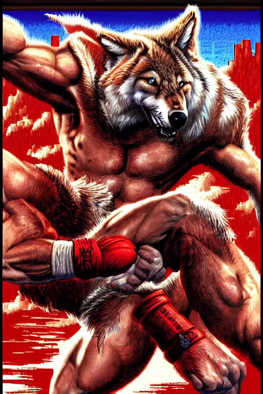 Image similar to extreme long shot. 8 bit nes graphics. antropomorphic muscular masculine wolf. kickboxer fighter, in shorts. wolf head. fine details, art from nes game cartridge, marc simonetti and hermann nitsch