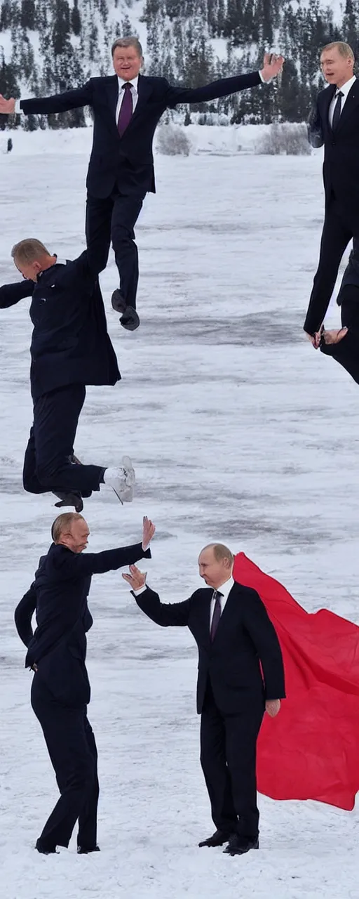 Image similar to the finnish president sauli niinisto doing a superhero landing on top of vladimir putin