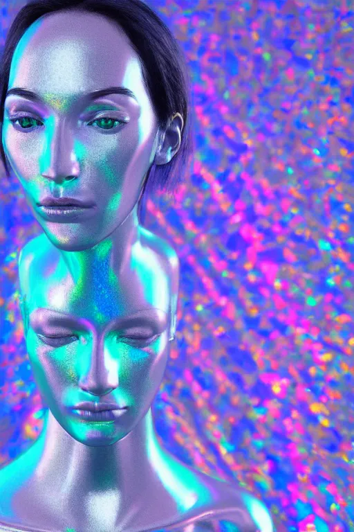 Image similar to 3d render of holographic human robotic bust made of glossy iridescent, screaming, bust, surrealistic 3d illustration of a human non-binary, non binary model, 3d model human, cryengine, made of holographic texture, holographic material, holographic rainbow, concept of cyborg and artificial intelligence